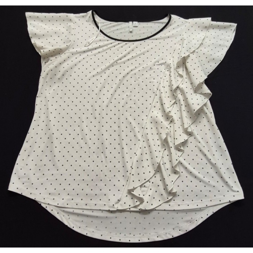 Elle women's white black polka dot flutter sleeve ruffle blouse top XL stretch